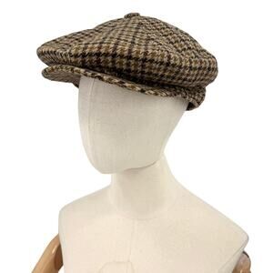 Vintage 90s Paul Stuart Brown Houndstooth Wool Newsboy Cap
